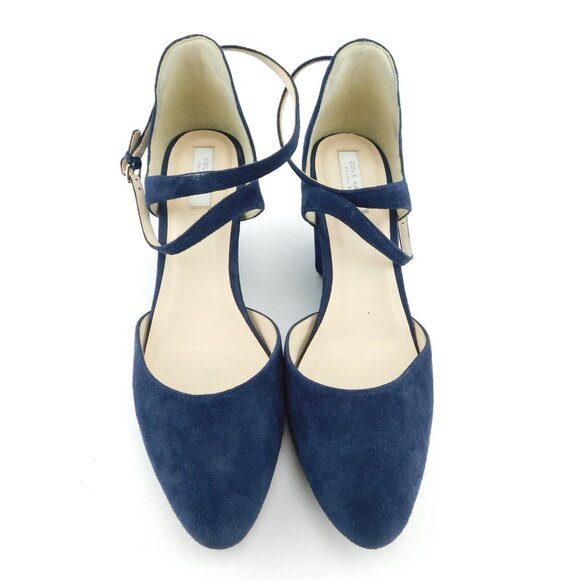 COLE HAAN Royal Blue Navy Suede Leather Ankle Strap Wedge Heel Pumps 8 - Picture 3 of 7